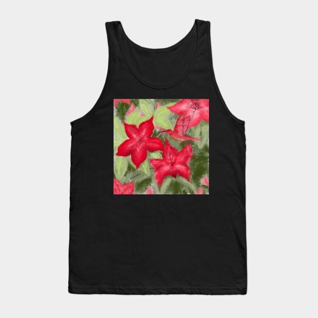 Red flowers and hummingbird print Tank Top by andreeadumez